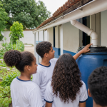 Estudantes observam sistema de captação de água da chuva instalado em escola municipal do Recife