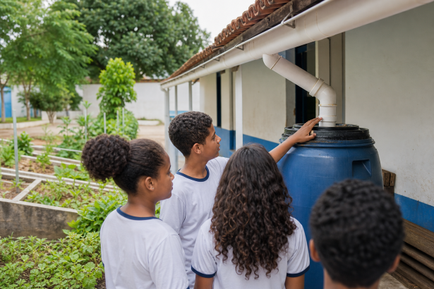 Estudantes observam sistema de captação de água da chuva instalado em escola municipal do Recife