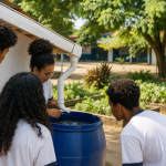 Estudantes observam sistema de captação de água da chuva instalado em escola municipal do Recife