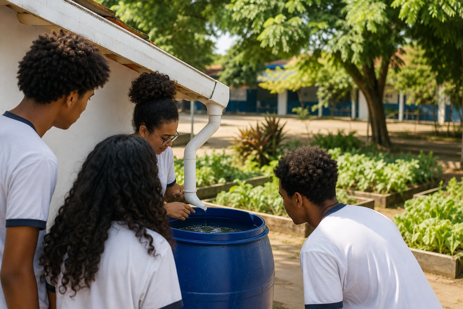 Estudantes observam sistema de captação de água da chuva instalado em escola municipal do Recife
