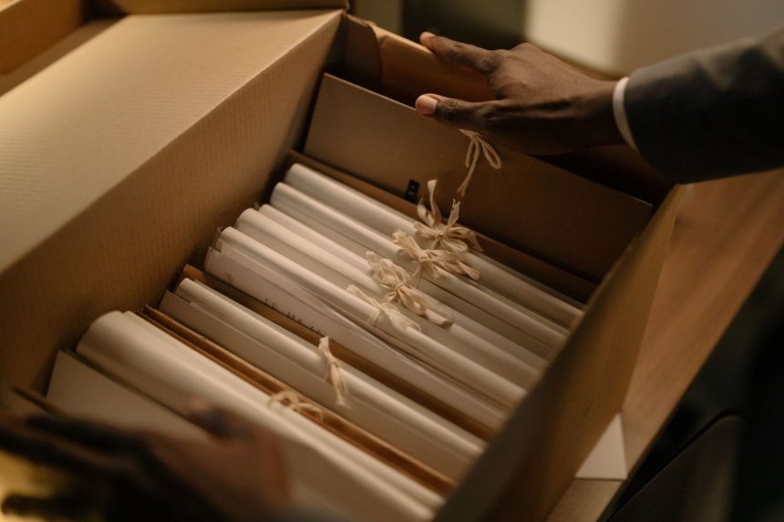 Mãos organizam documentos e pastas em uma caixa, em contexto de investigação.